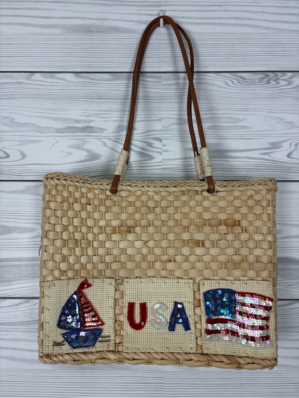 QVC Corn Husk Straw Bag American Flag Fourth of July Purse NWT